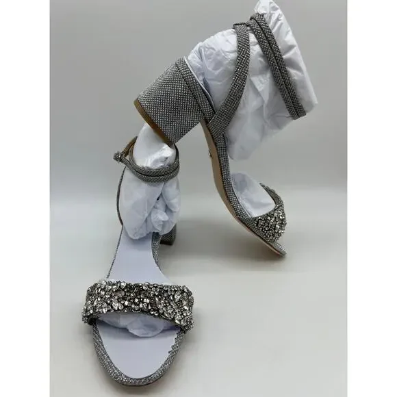 Badgley Mischka Women's Jada Ankle Wrap Block Heel Silver MP5316 Size 7.5 NIB - Picture 4 of 12